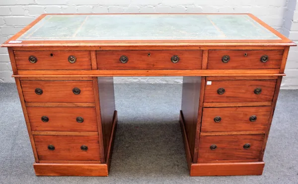 Heal & Son London; a 19th century mahogany pedestal desk with nine drawers about the knee, 122cm wide x 51cm deep.