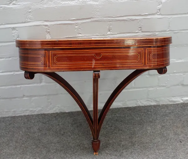 A George IV inlaid mahogany 'D' shaped console table, on three inswept supports, 52cm wide x 48cm high.