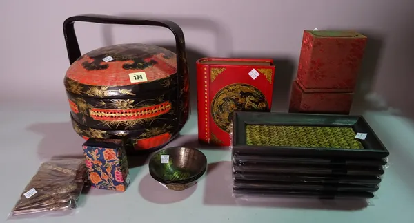 Collectables, including; 20th century twin handled wooden tray, Asian three tier lacquer box, small wooden and cane trays and sundry, (qty).