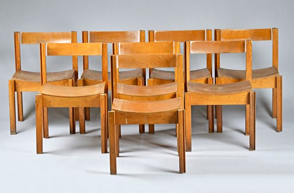 Clive Bacon for Design Furnishing Contracts Limited; a set of eight 20th century beech and laminated stacking dining chairs on block 'jigsaw' supports