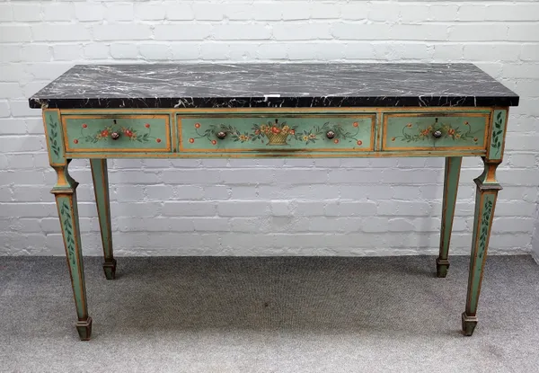 An early 20th century console, the rectangular marble top over a green and floral polychrome painted three drawer base on tapering square supports, 15