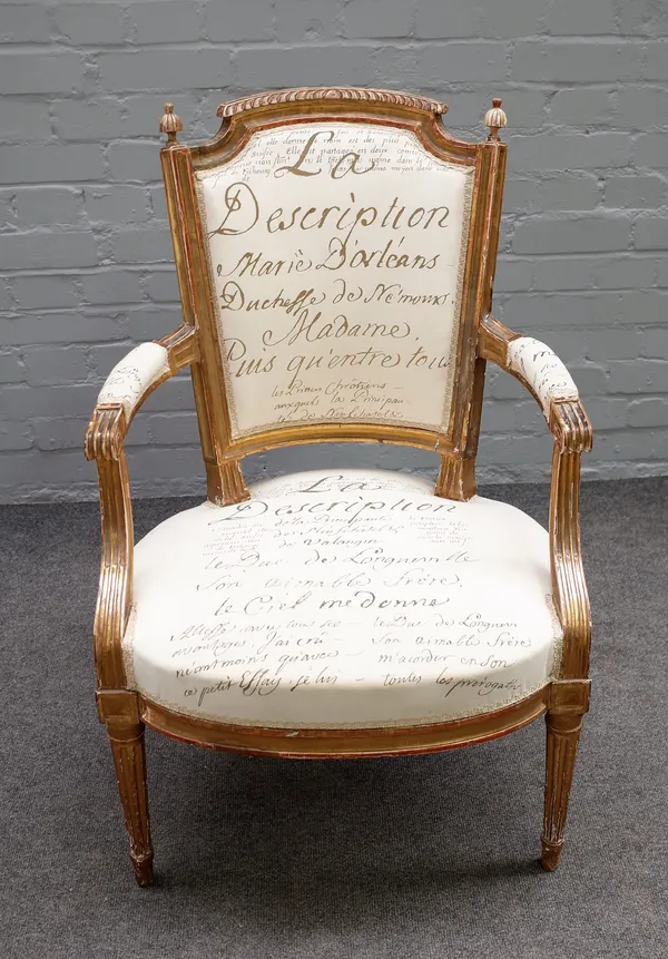 A Louis XVI style gilt framed open armchair with bow seat on fluted supports, 57cm wide x 92cm high.