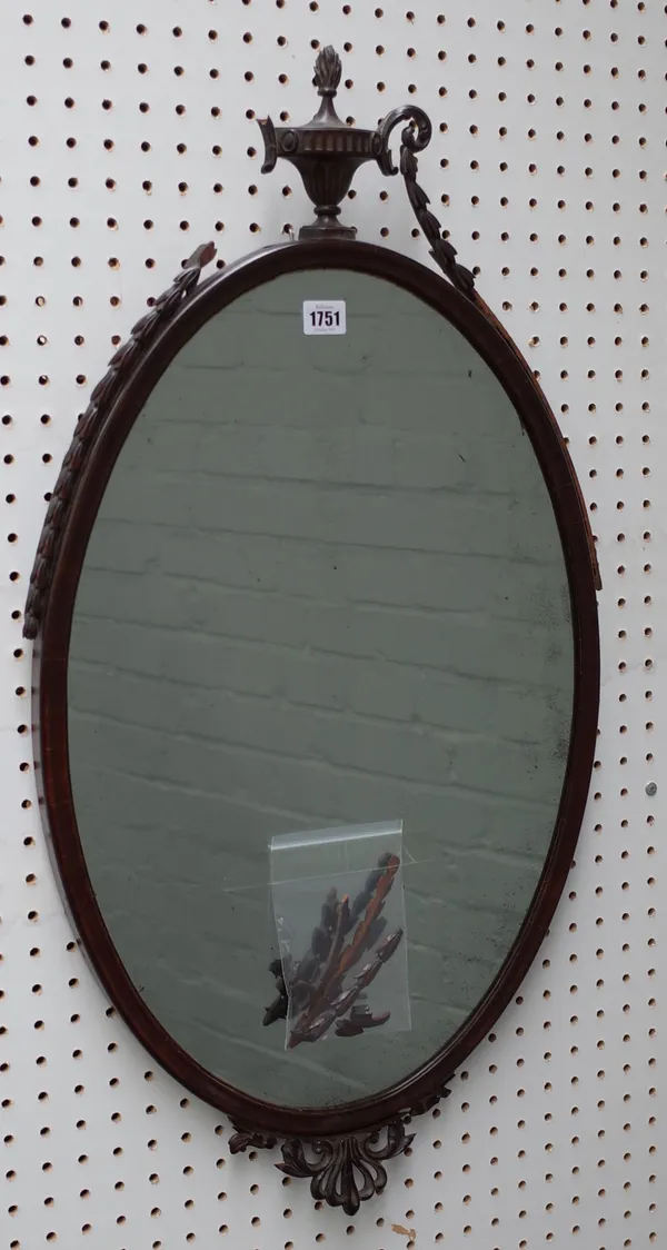 A 19th century mahogany Adam revival mirror with urn finial, 45cm wide x 84cm high, (a.f.).