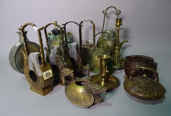 Asian collectables, including; 20th century decorative bronze items, including tea pots, lidded sensors and sundry, (qty).