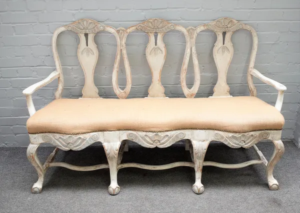 An 18th century style Swedish cream painted triple chair back sofa on four ball and claw supports, 165cm wide x 101cm high.