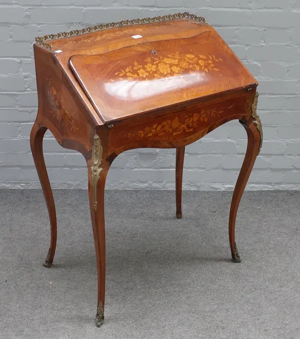 A late 19th century French rosewood and kingwood floral marquetry inlaid gilt metal mounted bureau de dame on cabriole supports, 72cm wide x 93cm high