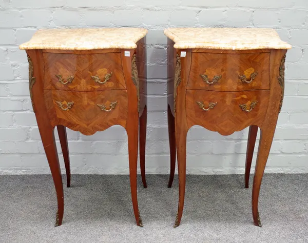 A pair of Louis XV style bedside tables, the serpentine marble tops over a gilt metal mounted marquetry kingwood two drawer base, 45cm wide x 75cm hig