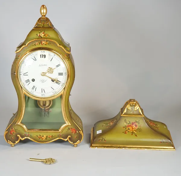 A 20th century Le Castel green and gilt painted bracket clock with floral decoration, 40cm high, and a mahogany wall bracket, (2).