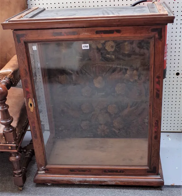 A 19th century continental marquetry and tortoiseshell inlaid tabletop display cabinet with single glazed door and floral polychrome painted back pane