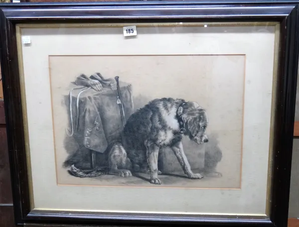 After Sir Edwin Landseer, 'Suspense', pencil and white chalk, 33.5cm x 47.5cm.; together with an oil of roses on opaline glass, by another hand.(2)