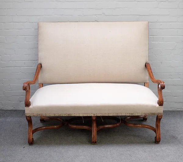 A 19th century French square back sofa with beech frame and open arms and 'X' framed stretchers, 132cm wide x 116cm high.