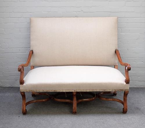 A 19th century French square back sofa with beech frame and open arms and 'X' framed stretchers, 132cm wide x 116cm high.
