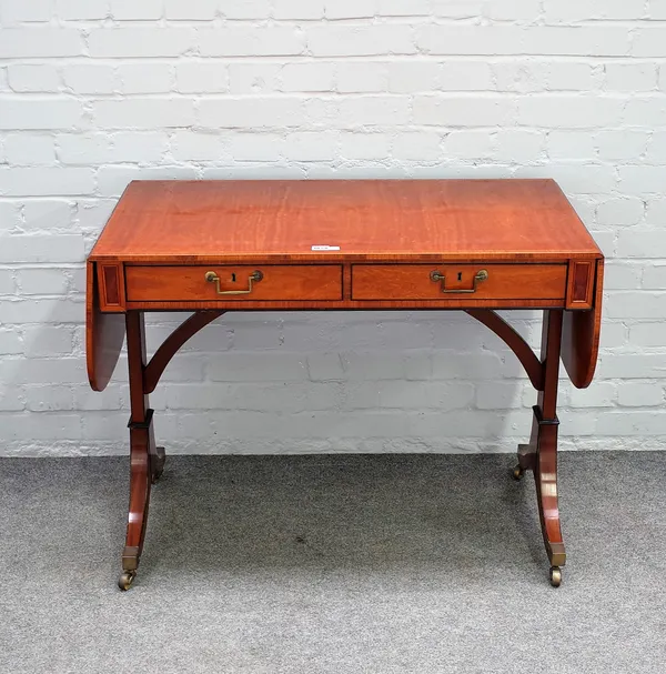 William Tillman, a Regency style inlaid satinwood sofa table with pair of frieze drawers on four downswept supports, 95cm wide x 73cm high.