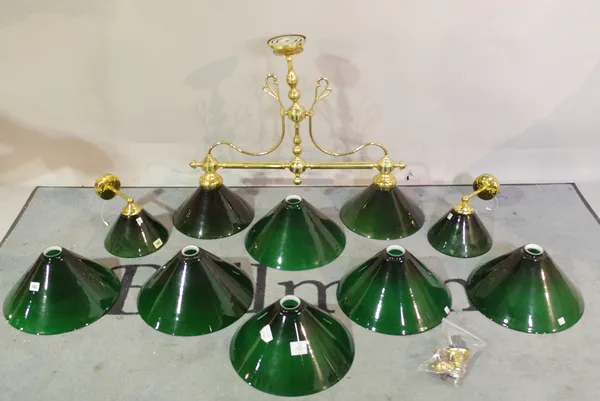 A pair of Christopher Wray gilt metal wall lights with green glass shades, a matching twin branch ceiling light and six further shades, 80cm wide x 60