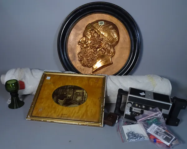 Collectables, including; a repousse copper relief circular plaque of Omhpoe, stereoscopic glass slides, metal detecting finds including a priest ring