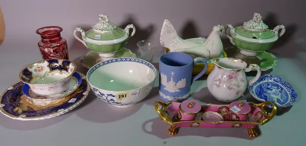 A group of 19th century and later mainly English porcelain, including Coalport plates, pink triple inkwell, lidded tureens and sundry.