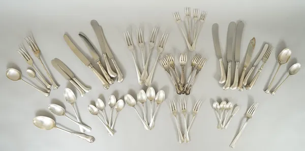 Silver table flatware, comprising; a rat tail pattern part table service, comprising; four table forks, three coffee spoons, four small dessert spoons