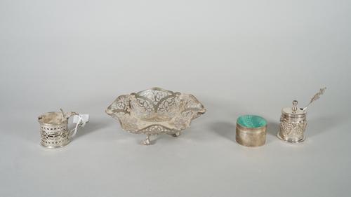 Silver and silver mounted wares, comprising; a shaped hexagonal bonbon dish, with pierced decoration, raised on three claw feet, London 1972, a cylind