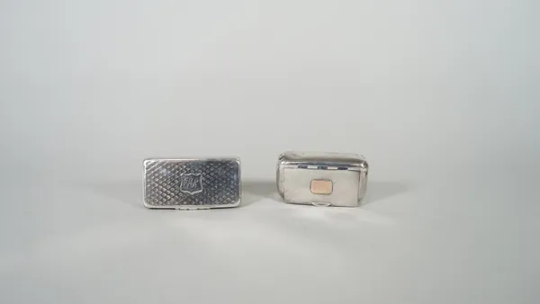 A silver rectangular hinge lidded snuff box, the exterior with cross hatched decoration, Birmingham 1838 by Edward Smith and a silver curved rectangul