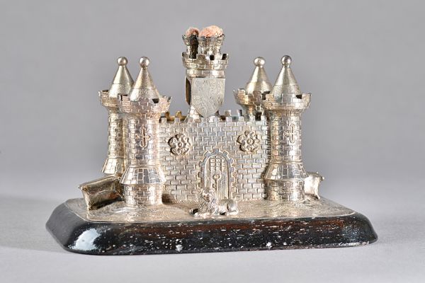 A silver table smoker's compendium, modelled as a representation of Guildford Castle, with a presentation panel detailed, Presented to The Offrs Mess