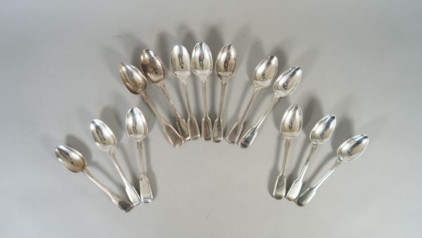 Thirteen silver double struck fiddle and thread pattern teaspoons, mixed dates, weight 358 gms, (13).