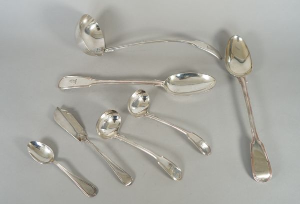 A silver double struck fiddle and thread pattern basting spoon, London 1834, a silver feather edged Old English pattern butter knife, London 1824, com