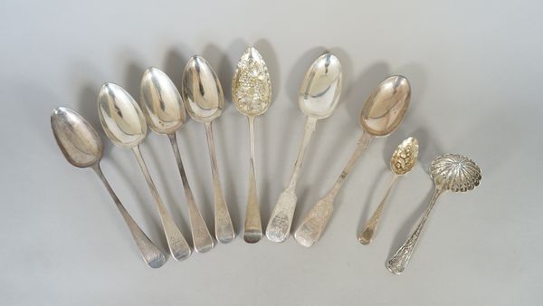 Silver table flatware, comprising; four Old English pattern tablespoons, a pair of fiddle pattern tablespoons, London 1903 and later decorated berry f