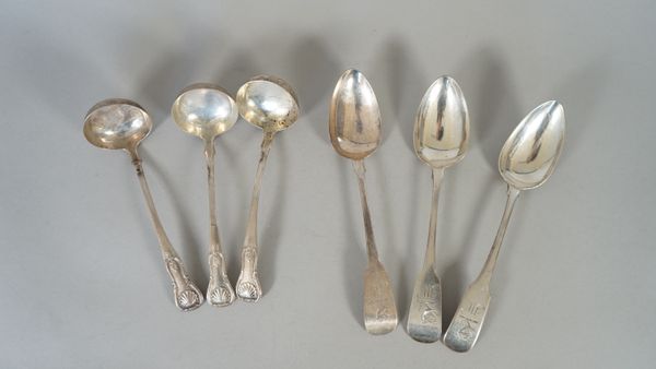 Silver table flatware, comprising; three Irish fiddle pattern dessert spoons, various dates and three Scottish single struck toddy ladles, Edinburgh 1