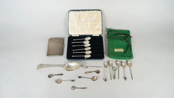 Silver and silver mounted wares, comprising; a rectangular cigarette case, Birmingham 1935, a set of six coffee spoons, Sheffield 1924, with an associ