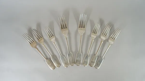 Silver fiddle pattern table flatware, comprising; two table forks, London 1853, three dessert forks, London 1892 and three further dessert forks, vari