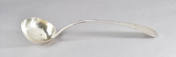 A Scottish provincial silver soup ladle, engraved with the initial R, maker William Clark Greenock circa 1810, length 37.5cm, weight 203 gms.
