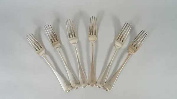 A Victorian set of six Old English pattern table forks, all engraved with the initial B, London 1850, combined weight 399 gms, (6).