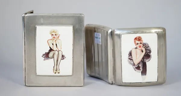 A silver rectangular cigarette case, the lid later applied with an enamelled rectangular panel depicting the figure of a lady with blonde hair, on an