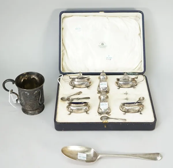 Silver, comprising; a Victorian christening mug, with scroll engraved decoration, London 1848, a bottom marked table spoon, London 1768 and a six piec