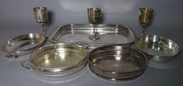 Silver plated wares, comprising; five twin handled serving trays, entree dishes, goblets and sundry, (qty).