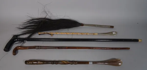 A group of 20th century sticks and canes including a fly wisp, shoe horns and sundry, (qty).