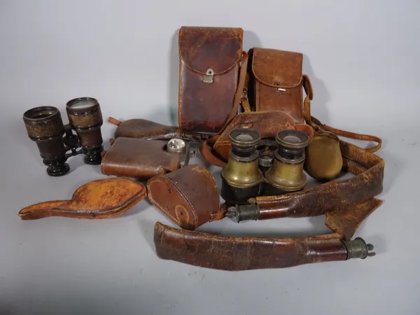 A group of collectables including binoculars, a gilt metal folding photo frame, powder flask and sundry, (qty).