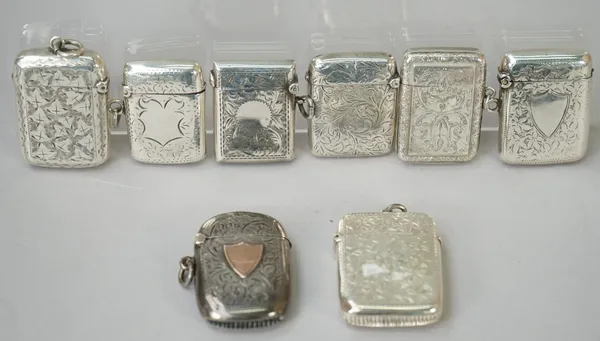 Eight silver rectangular vesta cases, having engraved decoration, including; Birmingham 1896, 1884 and 1902, also Chester 1911, combined gross weight