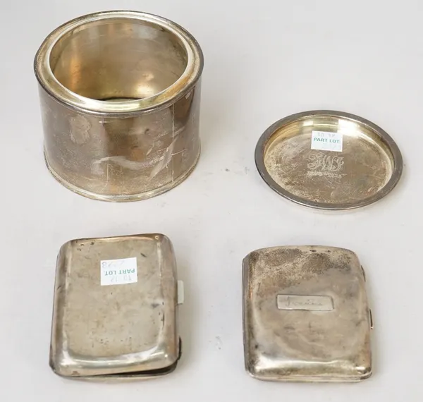 Silver, comprising; a cylindrical container, having a detachable lid, possibly for use as a tea caddy, Birmingham 1928 and two rectangular cigarette c