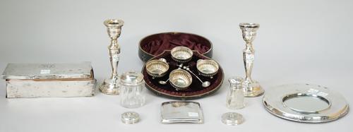 Silver and silver mounted wares, comprising; a set of four Victorian salts, each of circular form, with partly fluted decoration, raised on three sphe