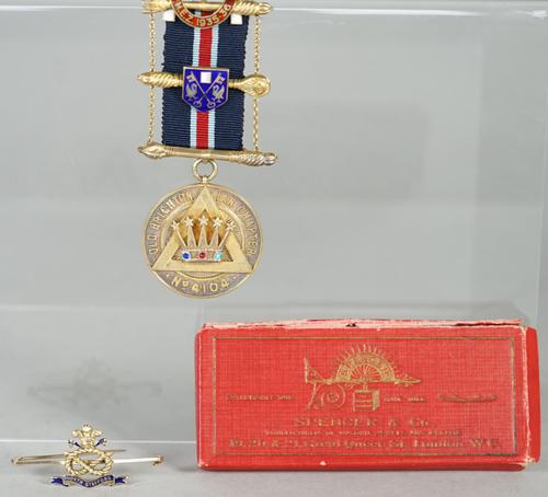 A silver gilt, enamelled and gem set Masonic jewel, detailed Old Brighton Ian Chapter No 4104, London 1936, with a box and a gold and blue enamelled m