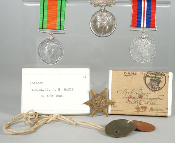 Three medals to A.H.Bance, comprising; The 1939-45 Defence Medal, The 1939-45 War Medal, with the Army Council forwarding slip, showing two awards and