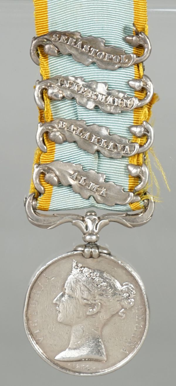 The Crimea Medal with four bars Alma, Balaklava, Inkermann and Sebastopol with engraved naming PTE SAML COLLINGTON 63REGT (damage to Alma clasp, one l