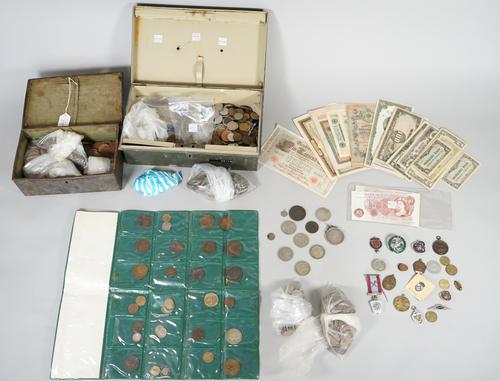 A quantity of British and foreign coins and banknotes, including a Victoria old head crown 1900, a circular copper medallion, engraved to one side wit