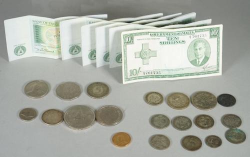 A Victoria Jubilee head sovereign 1892 M, a 1953 Coronation crown, a small quantity of pre-1947 coinage, six foreign coins, a Government of Malta ten
