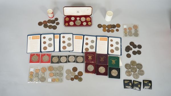 A collection of mostly British coins, including a 1953 ten coin specimen proof set with a Royal Mint case, four Britians First Decimal Coin sets, thre