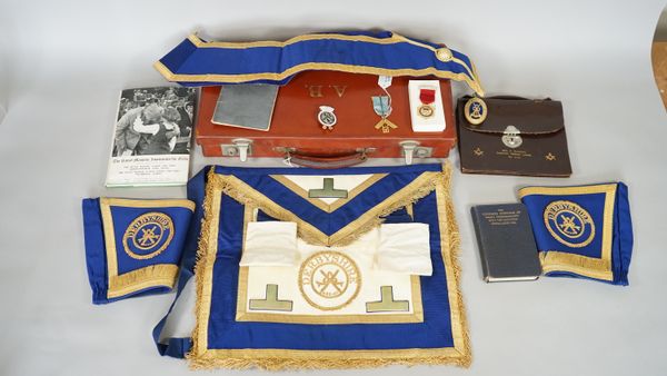 A group of Masonic regalia, comprising; a gold Masonic jewel, detailed Dorothy Vernon Lodge No 2129, gross weight 17 gms, a gilt metal and enamelled j