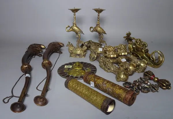 Asian interest, comprising; a large group of bronze items including dragons, scroll weights, pair of kaleidoscopes and sundry, (qty).