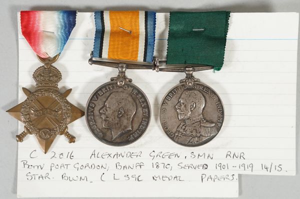 A 1914-15 Star to C.2016,. A.GREEN, SMN.,R.N.R., a 1914-18 British war Medal to 2016C. A.GREEN. SMN. R.N.R. and a Royal Navy Reserve Long Service and