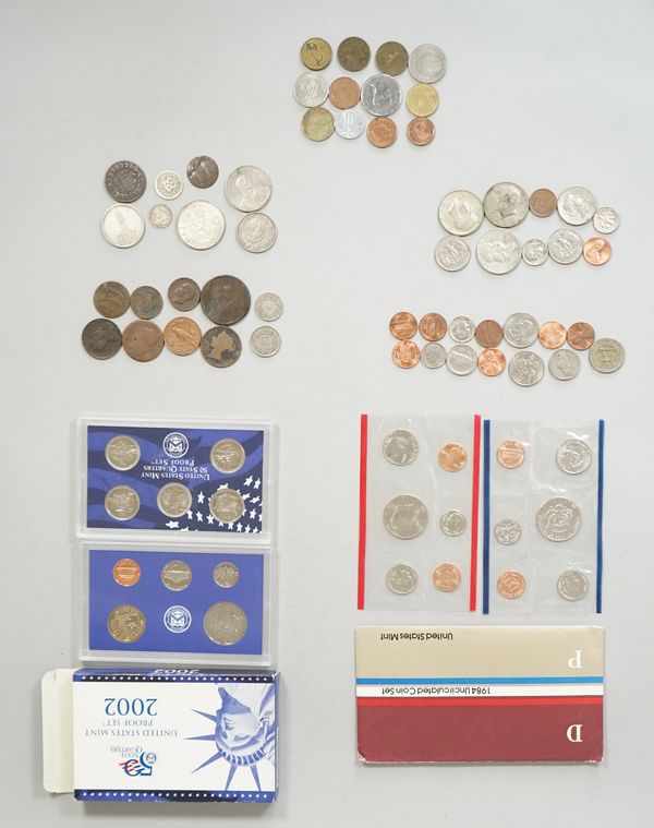 A group of World coins, mostly 19th and 20th century, mostly base metal, some silver, including European and U.S.A coins and modern U.S.A proof sets,